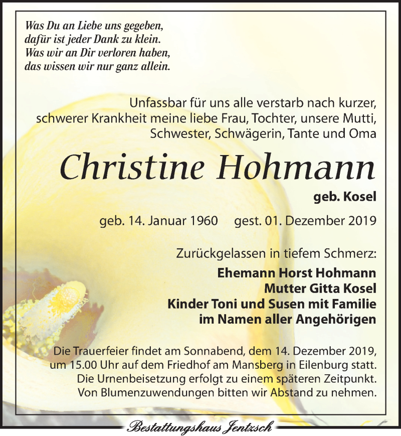  Traueranzeige für Christine Hohmann vom 07.12.2019 aus Leipziger Volkszeitung