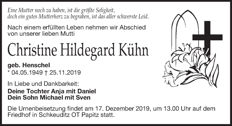  Traueranzeige für Christine Hildegard Kühn vom 07.12.2019 aus Leipziger Volkszeitung
