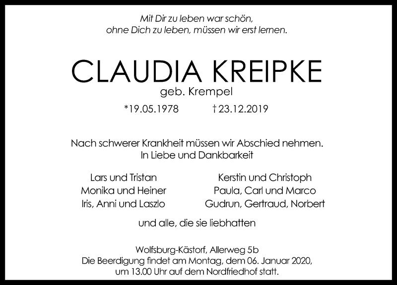  Traueranzeige für Claudia Kreipke vom 31.12.2019 aus Aller Zeitung