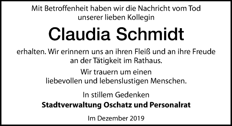  Traueranzeige für Claudia Schmidt vom 14.12.2019 aus Leipziger Volkszeitung