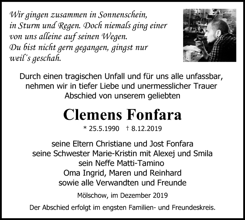  Traueranzeige für Clemens Fonfara vom 14.12.2019 aus Ostsee-Zeitung GmbH