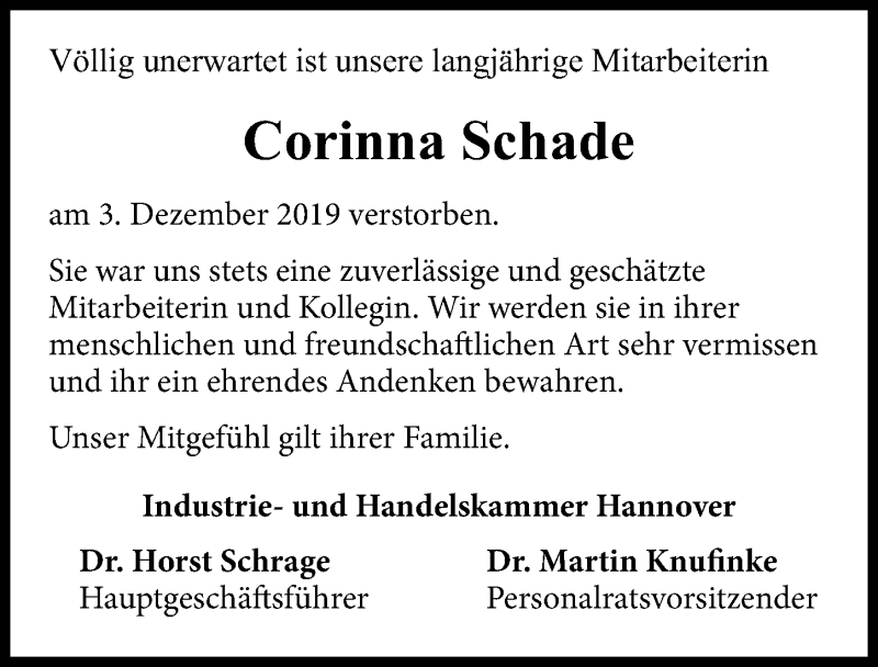  Traueranzeige für Corinna Schade vom 11.12.2019 aus Hannoversche Allgemeine Zeitung/Neue Presse