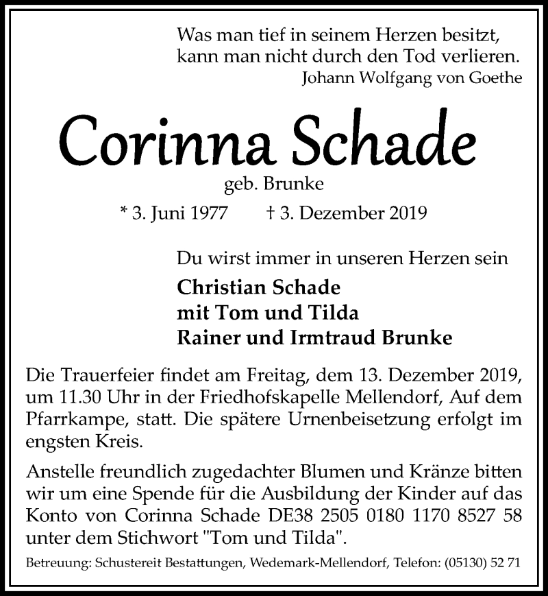  Traueranzeige für Corinna Schade vom 11.12.2019 aus Hannoversche Allgemeine Zeitung/Neue Presse