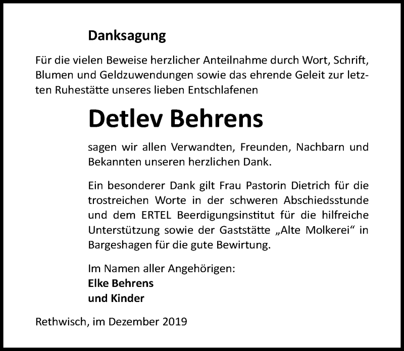  Traueranzeige für Detlev Behrens vom 21.12.2019 aus Ostsee-Zeitung GmbH
