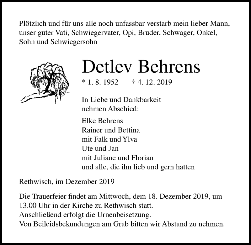  Traueranzeige für Detlev Behrens vom 14.12.2019 aus Ostsee-Zeitung GmbH