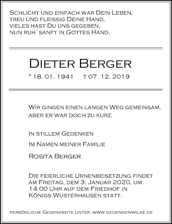 Traueranzeige von Dieter Berger von Märkischen Allgemeine Zeitung