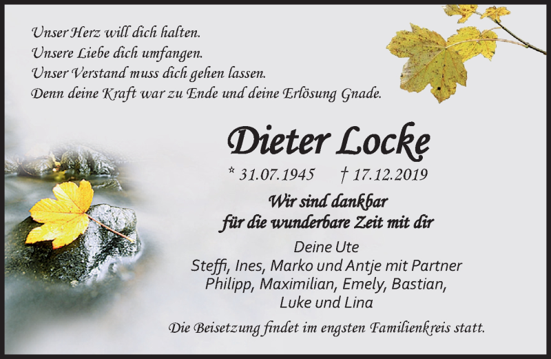  Traueranzeige für Dieter Locke vom 21.12.2019 aus Ostsee-Zeitung GmbH