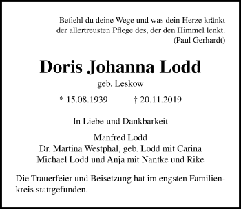 Traueranzeige von Doris Johanna Lodd von Lübecker Nachrichten