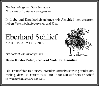 Traueranzeige von Eberhard Schlief