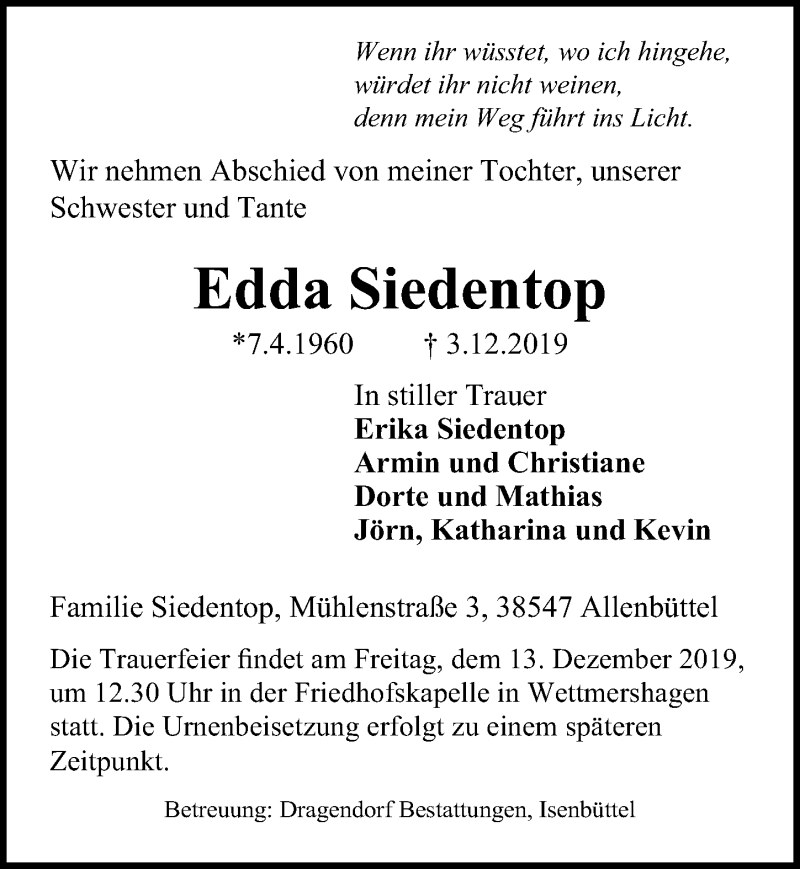  Traueranzeige für Edda Siedentop vom 07.12.2019 aus Aller Zeitung