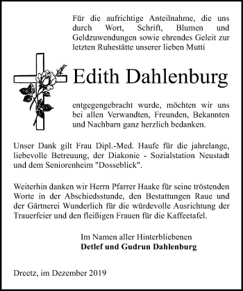 Traueranzeige von Edith Dahlenburg