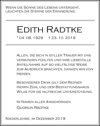 Traueranzeige von Edith Radtke von Märkischen Allgemeine Zeitung