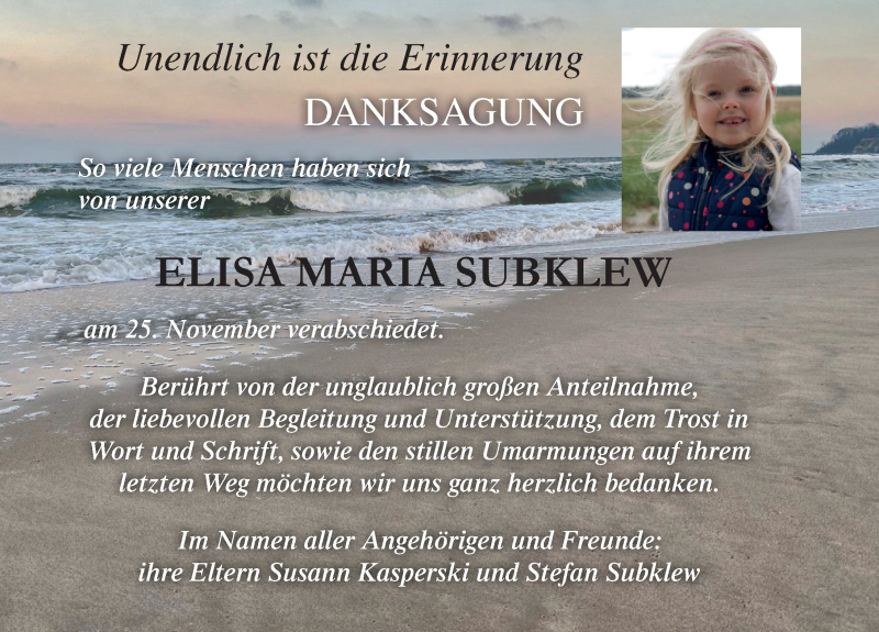  Traueranzeige für Elisa Maria Subklew vom 14.12.2019 aus Ostsee-Zeitung GmbH