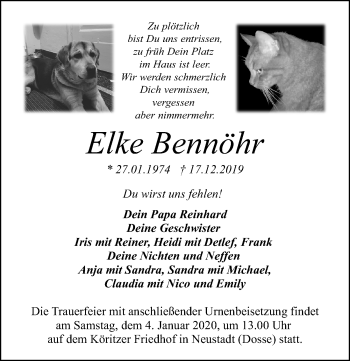 Traueranzeige von Elke Bennöhr