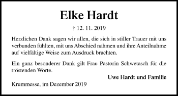 Traueranzeige von Elke Hardt von Lübecker Nachrichten