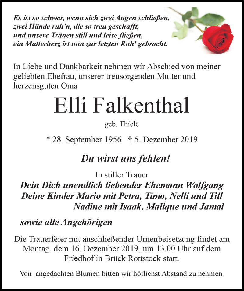  Traueranzeige für Elli Falkenthal vom 10.12.2019 aus Märkischen Allgemeine Zeitung
