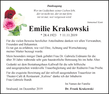 Traueranzeige von Emilie Krakowski von Ostsee-Zeitung GmbH