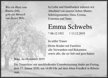 Traueranzeige von Emma Schwebs von Ostsee-Zeitung GmbH