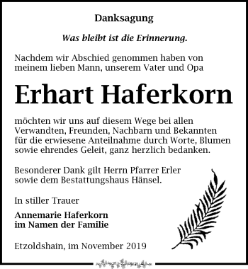 Traueranzeige von Erhart Haferkorn von Leipziger Volkszeitung