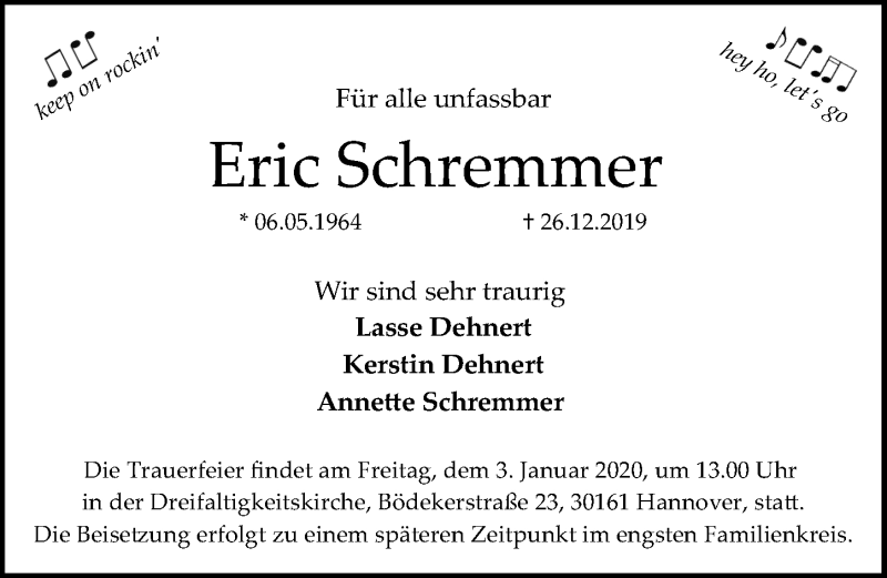  Traueranzeige für Eric Schremmer vom 31.12.2019 aus Hannoversche Allgemeine Zeitung/Neue Presse