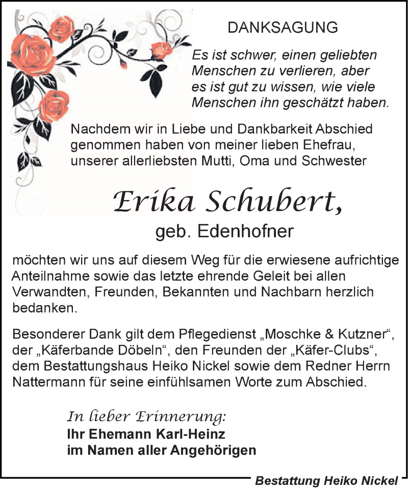  Traueranzeige für Erika Schubert vom 21.12.2019 aus Leipziger Volkszeitung