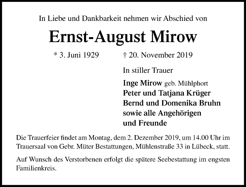  Traueranzeige für Ernst-August Mirow vom 01.12.2019 aus Lübecker Nachrichten