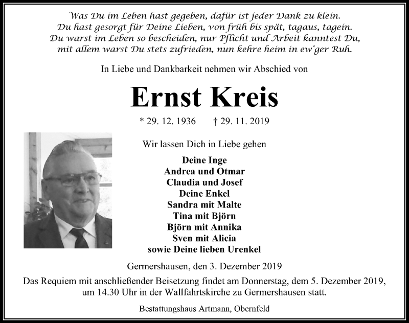  Traueranzeige für Ernst Kreis vom 03.12.2019 aus Eichsfelder Tageblatt