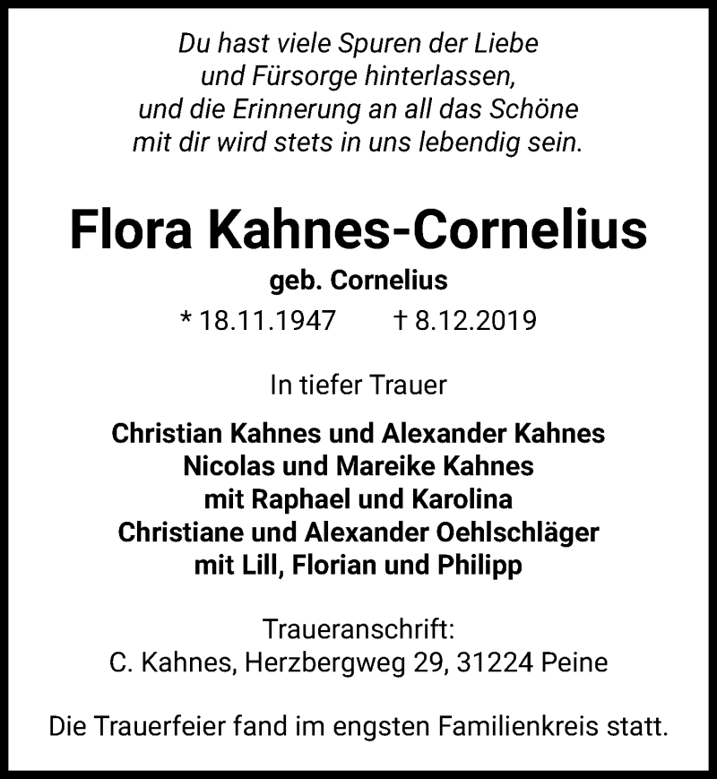  Traueranzeige für Flora Kahnes-Cornelius vom 14.12.2019 aus Peiner Allgemeine Zeitung
