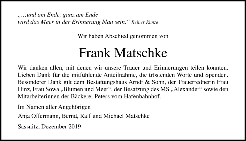  Traueranzeige für Frank Matschke vom 21.12.2019 aus Ostsee-Zeitung GmbH