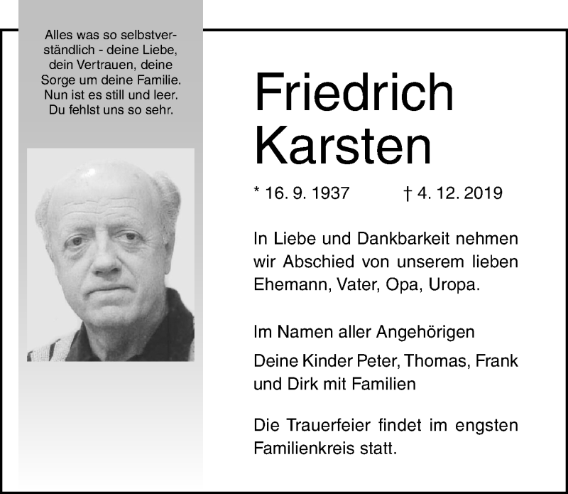  Traueranzeige für Friedrich Karsten vom 07.12.2019 aus Ostsee-Zeitung GmbH