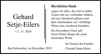 Traueranzeige von Gehard Setje-Eilers von Lübecker Nachrichten