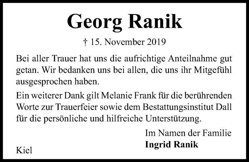  Traueranzeige für Georg Ranik vom 14.12.2019 aus Kieler Nachrichten