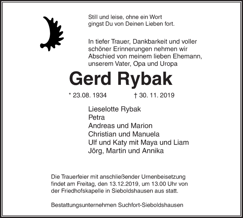  Traueranzeige für Gerd Rybak vom 07.12.2019 aus Göttinger Tageblatt