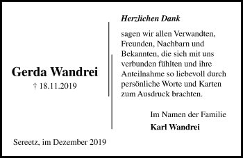 Traueranzeige von Gerda Wandrei von Lübecker Nachrichten