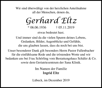 Traueranzeige von Gerhard Eltz von Lübecker Nachrichten