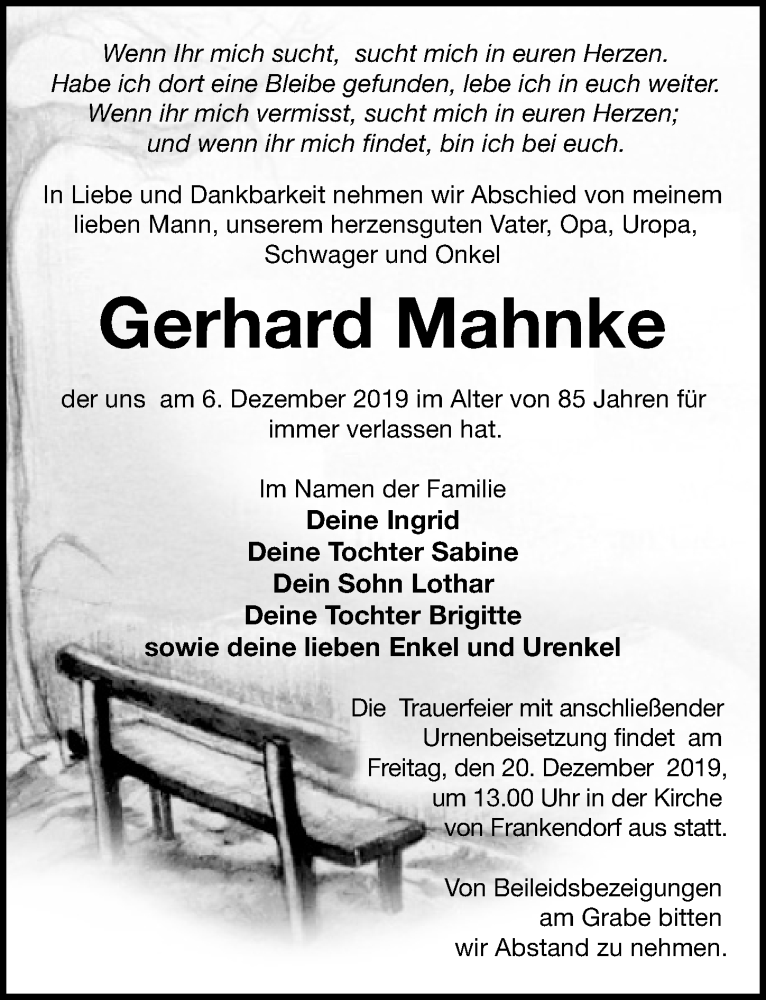  Traueranzeige für Gerhard Mahnke vom 14.12.2019 aus Märkischen Allgemeine Zeitung