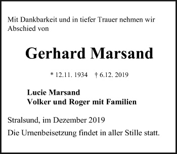 Traueranzeige von Gerhard Marsand von Ostsee-Zeitung GmbH