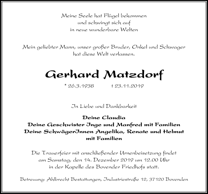  Traueranzeige für Gerhard Matzdorf vom 07.12.2019 aus Göttinger Tageblatt