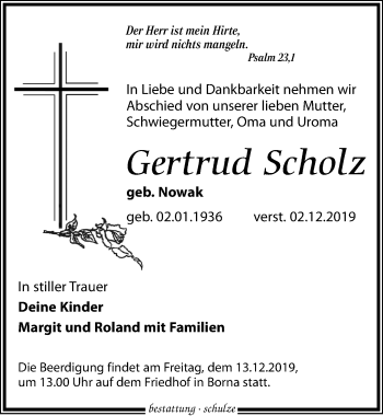 Traueranzeige von Gertrud Scholz von Leipziger Volkszeitung