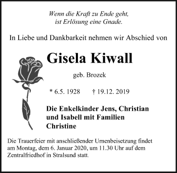 Traueranzeige von Gisela Kiesall von Ostsee-Zeitung GmbH