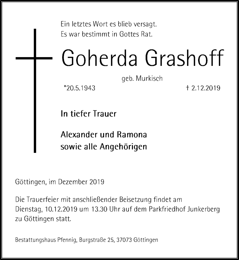  Traueranzeige für Goherda Grashoff vom 07.12.2019 aus Göttinger Tageblatt