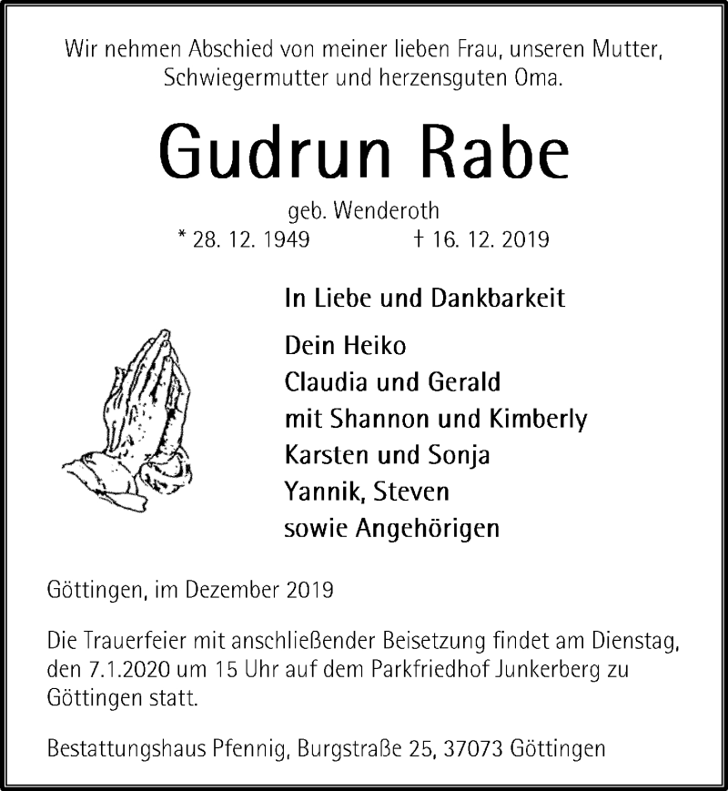  Traueranzeige für Gudrun Rabe vom 21.12.2019 aus Göttinger Tageblatt