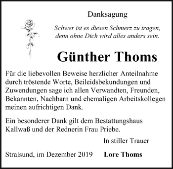 Traueranzeige von Günther Thoms von Ostsee-Zeitung GmbH