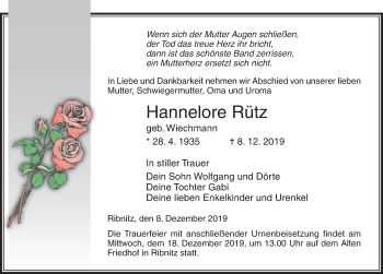 Traueranzeige von Hannelore Rütz von Ostsee-Zeitung GmbH