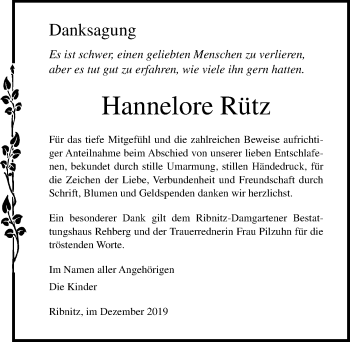 Traueranzeige von Hannelore Rütz von Ostsee-Zeitung GmbH