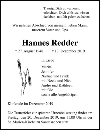 Traueranzeige von Hannes Redder von Lübecker Nachrichten