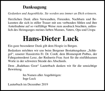 Traueranzeige von Hans-Dieter Luck von Ostsee-Zeitung GmbH