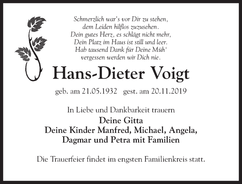  Traueranzeige für Hans-Dieter Voigt vom 14.12.2019 aus Märkischen Allgemeine Zeitung