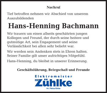 Traueranzeige von Hans-Henning Bachmann von Göttinger Tageblatt