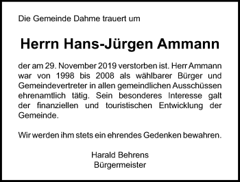 Traueranzeige von Hans-Jürgen Ammann von Lübecker Nachrichten